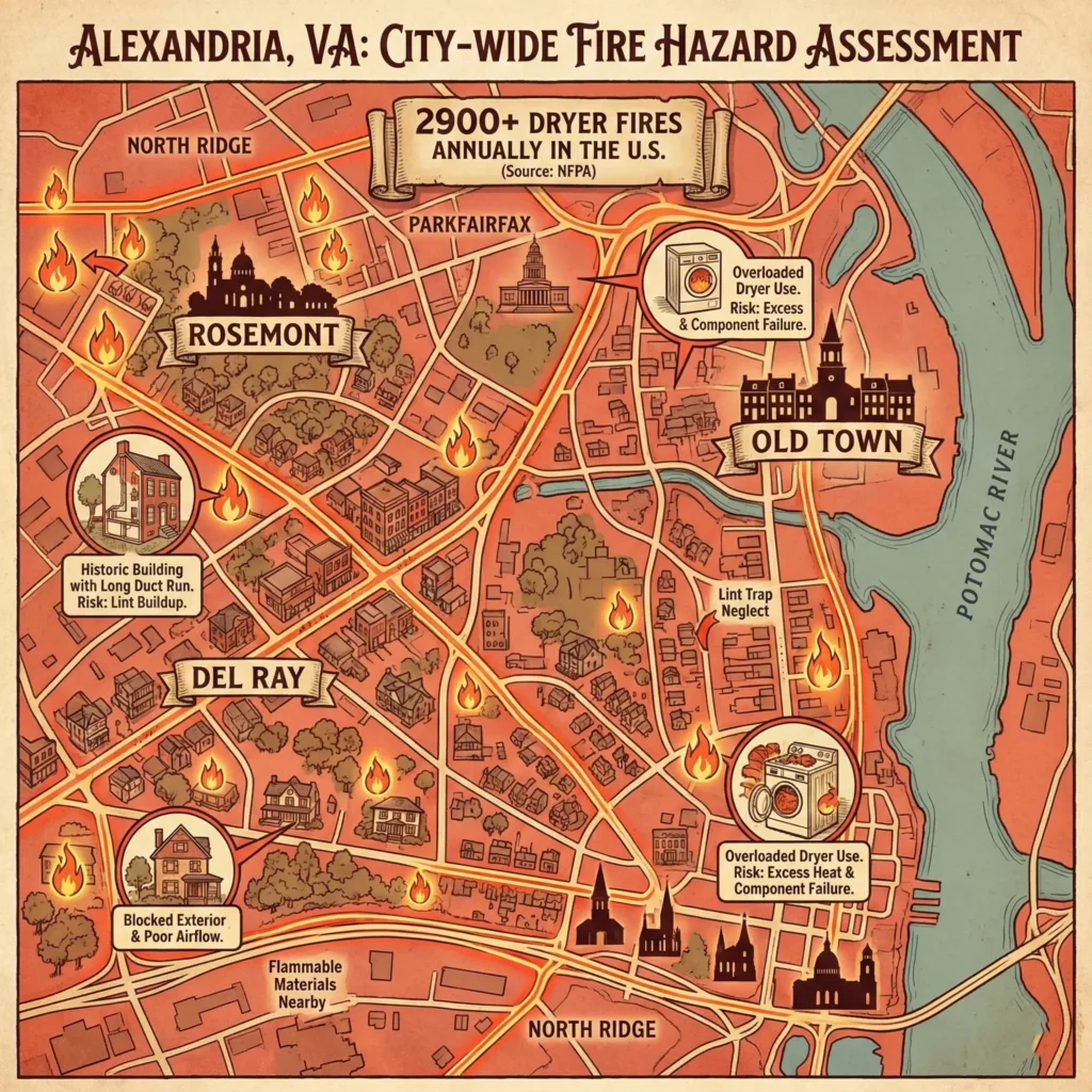 Causes of Dryer Fires in Alexandria VA illustrated on a city map showing lint buildup, blocked vents, overloaded dryers, long duct runs, and neglected lint traps across neighborhoods