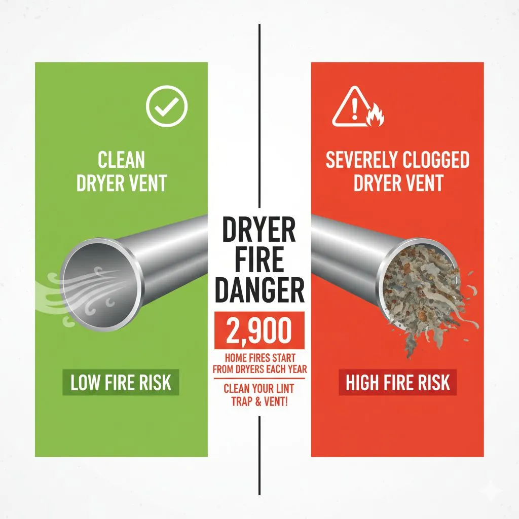 Dryer Lint Fire Hazard in Alexandria comparing a clean dryer vent with low fire risk and a severely clogged vent with high fire danger