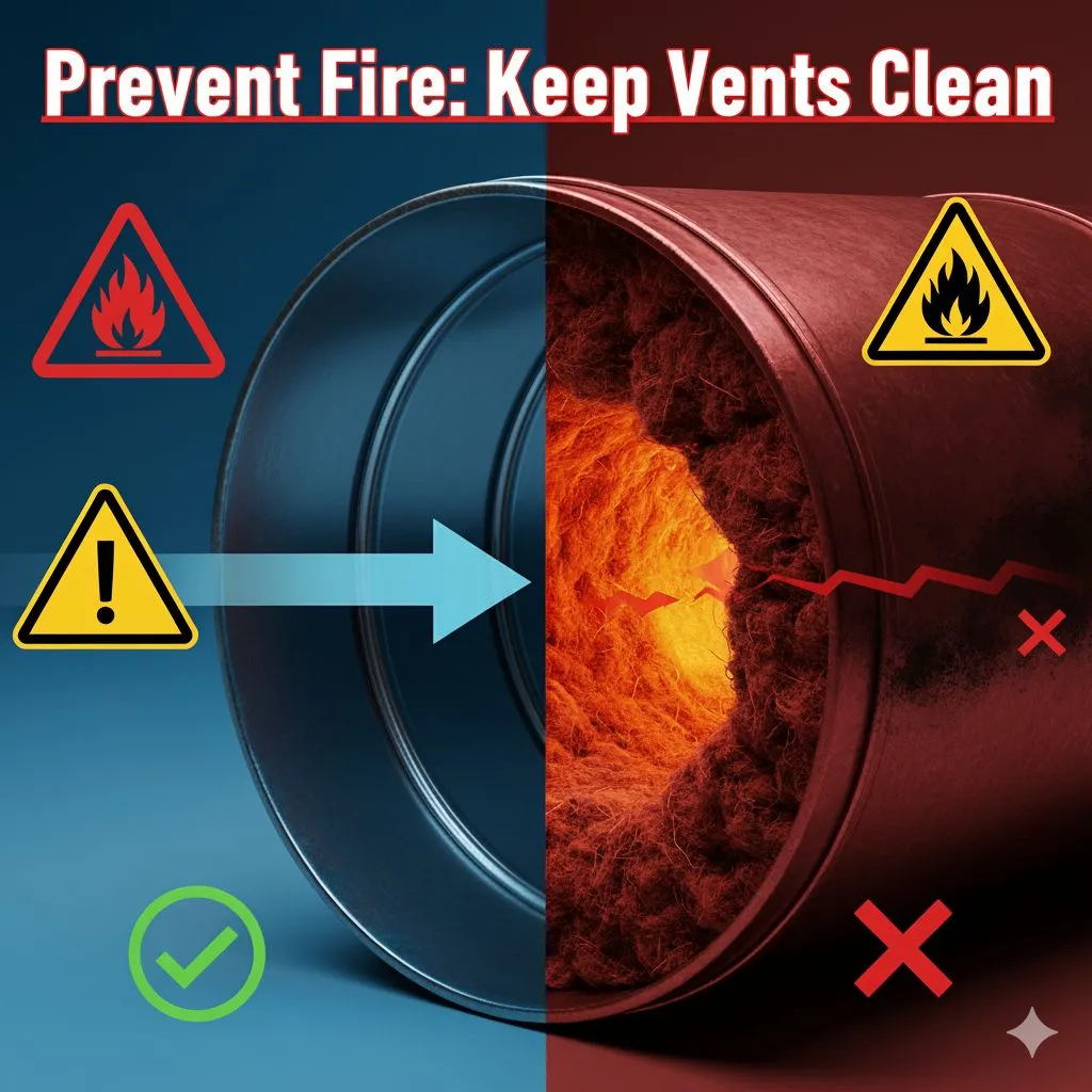 Dryer Vent Fire Inspection in Alexandria showing comparison between clean vent and clogged vent with fire hazard warning signs