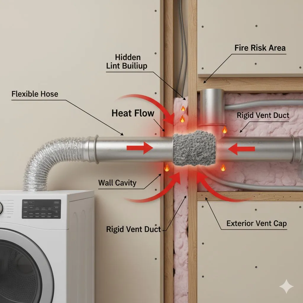 Dryer Lint Fire Hazard in Alexandria showing hidden lint buildup inside rigid vent duct causing heat flow blockage and fire risk