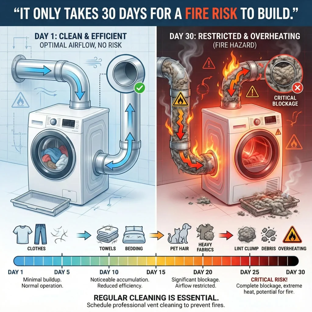 causes of dryer fires in alexandria Va showing comparison of clean dryer vent vs blocked lint-filled vent creating overheating fire ris