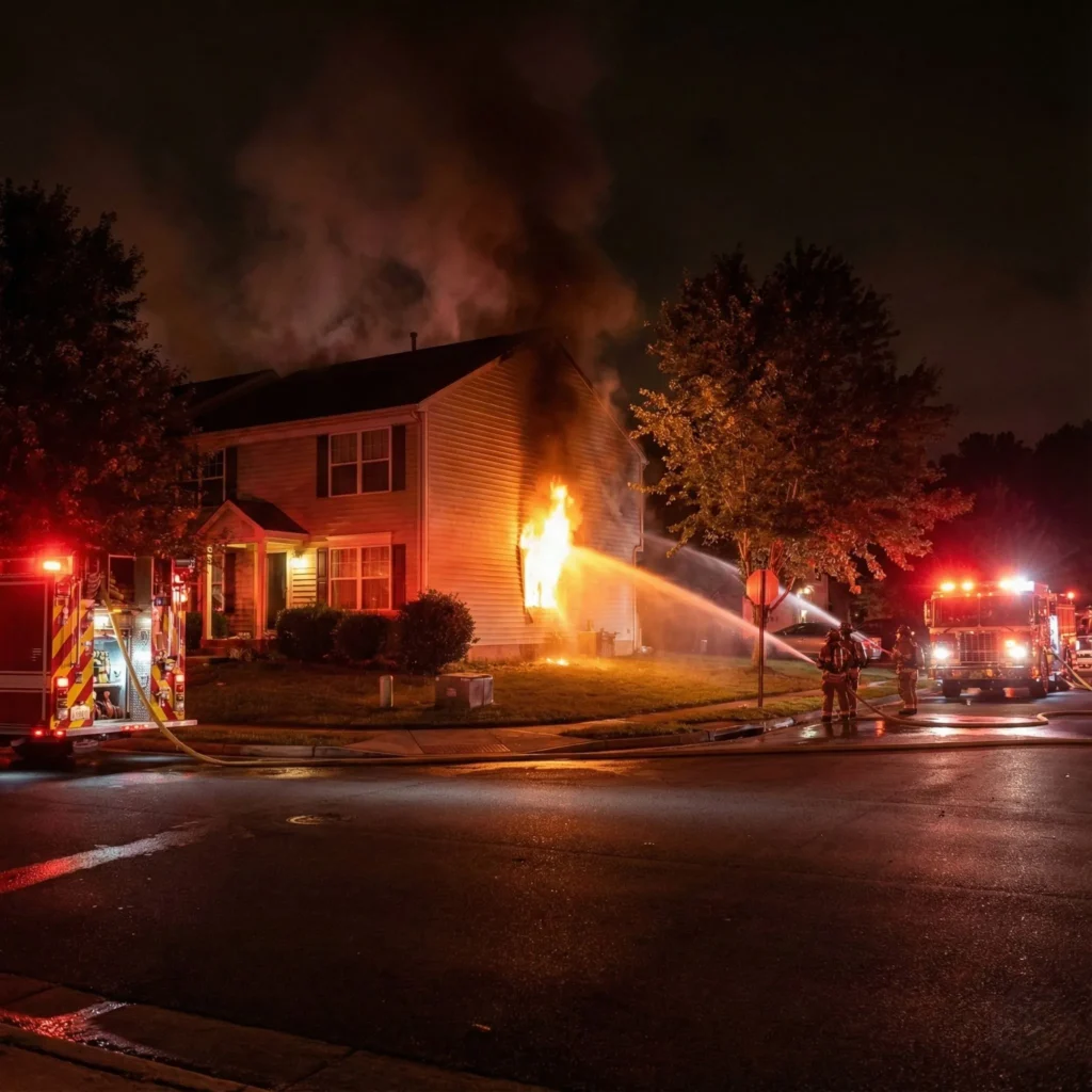 Dryer Vent Fire Dumfries VA showing a residential home engulfed in flames at night as firefighters respond to a dryer vent–related house fire