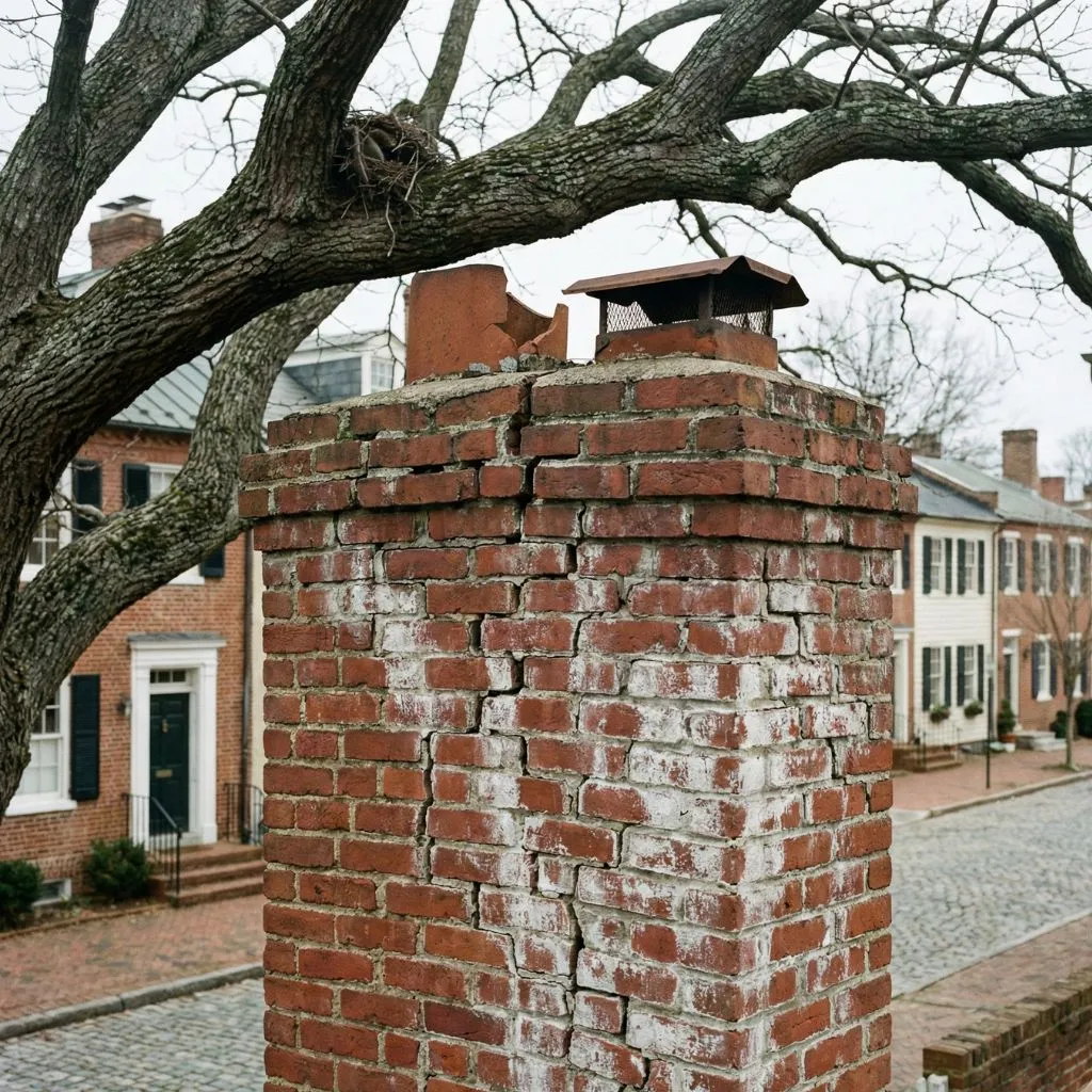 Historic brick chimney showing vertical cracks and white efflorescence, which are visible signs you need chimney sweep in Alexandria VA.