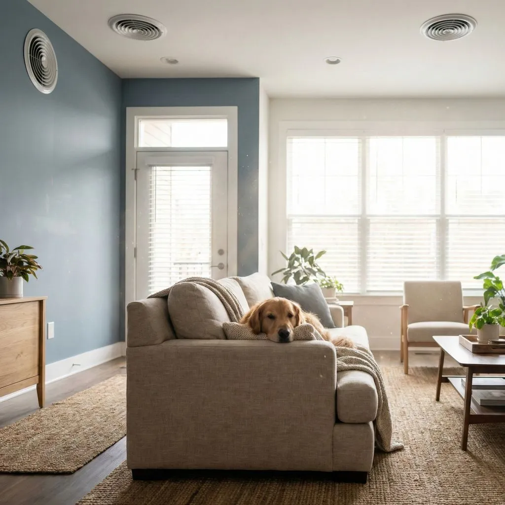 Golden retriever dog resting on a sofa under air vents, illustrating the invisible Pet Dander Allergy Threat in Alexandria VA homes.