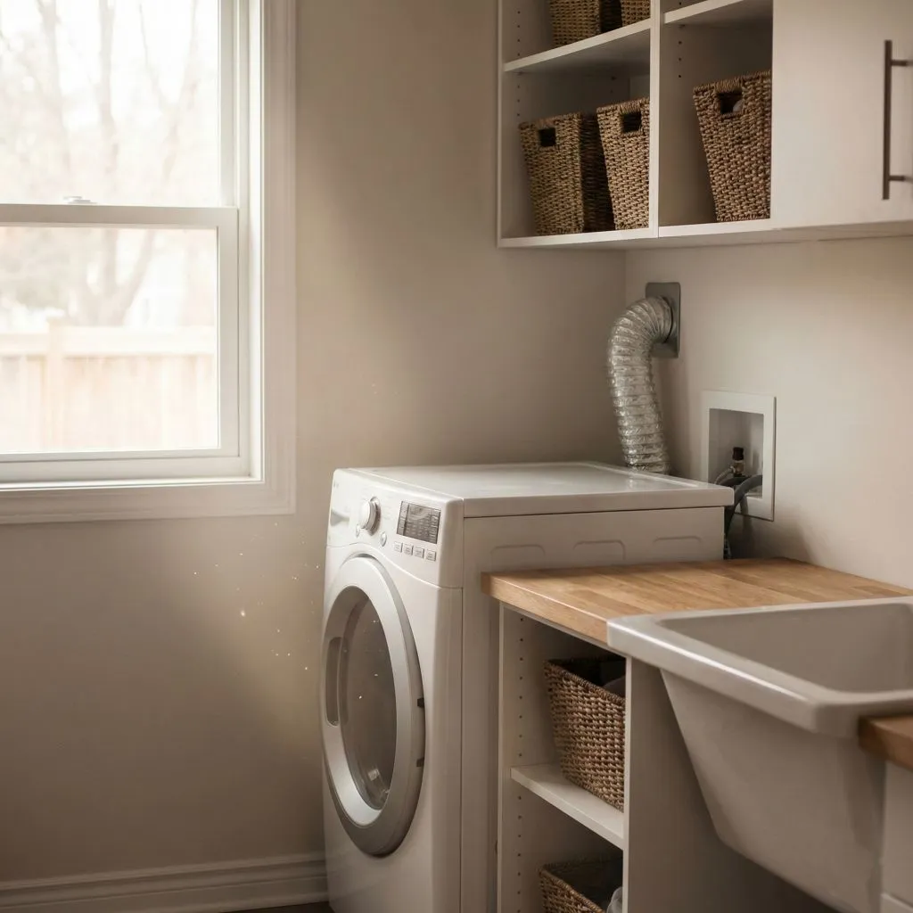 Sunlight revealing airborne dust particles in a laundry room, illustrating the invisible dryer vent lint health impact on indoor air quality.