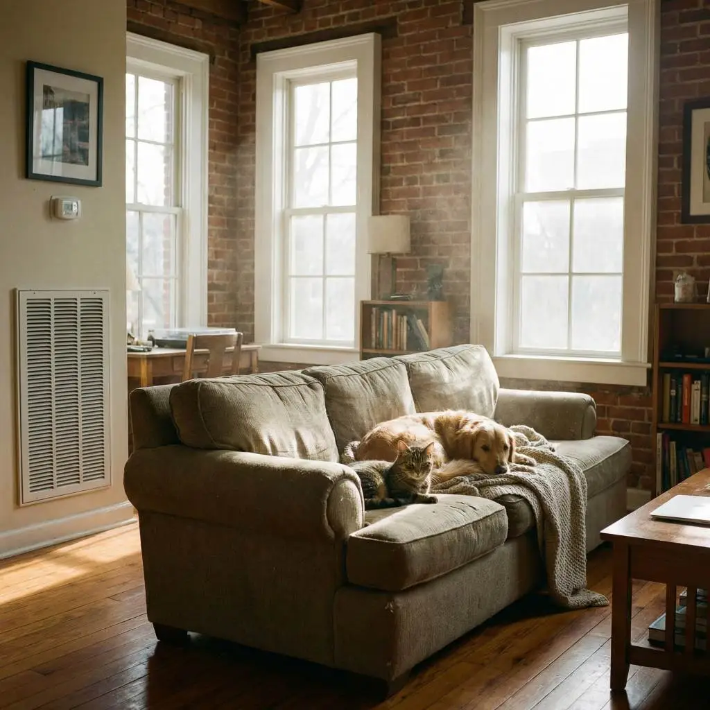 Golden retriever and cat resting on a sofa near a wall vent, illustrating the necessity of air duct cleaning for pet owners in Alexandria.