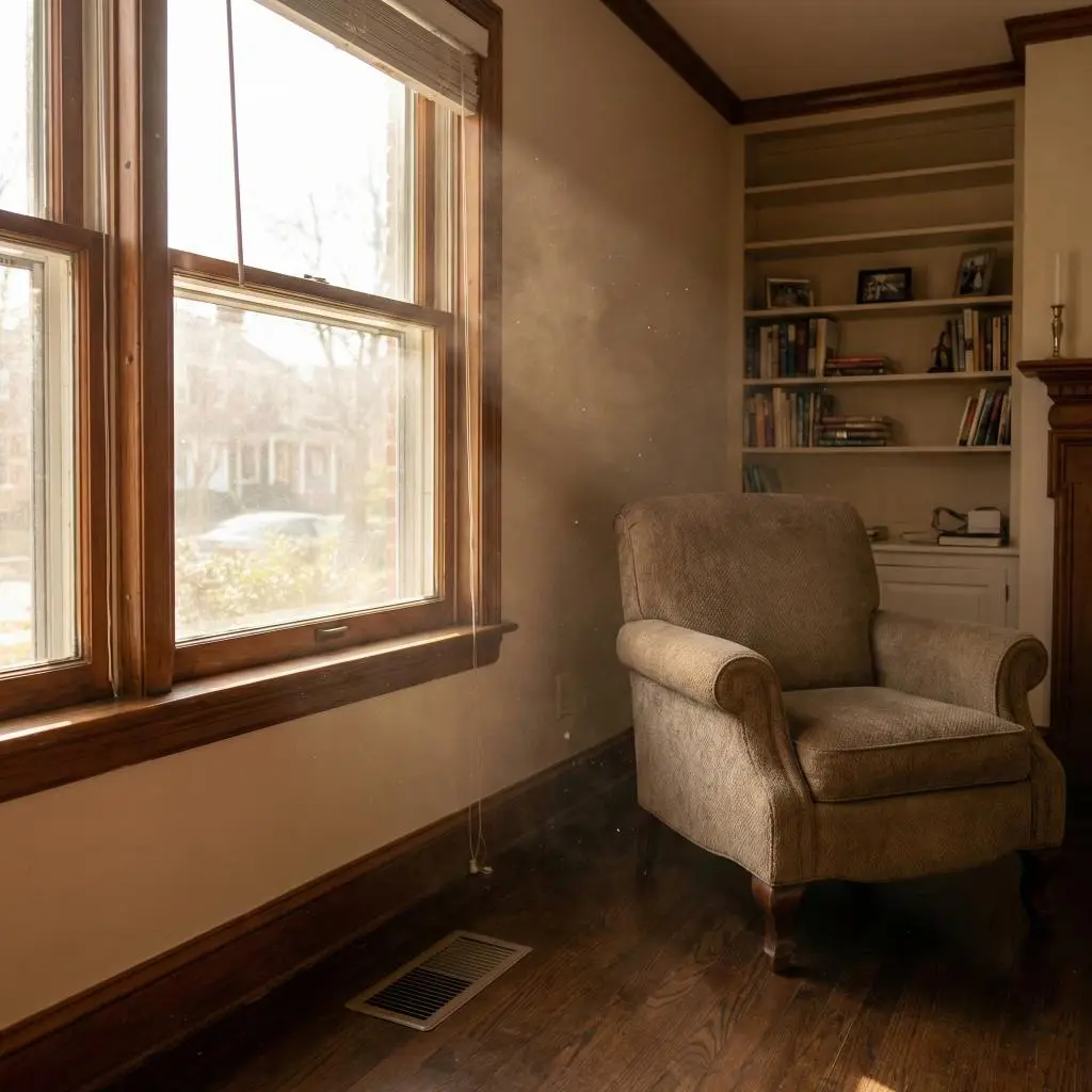 Sunlight revealing floating dust particles near a floor vent, illustrating the cause of allergy symptoms from air ducts.