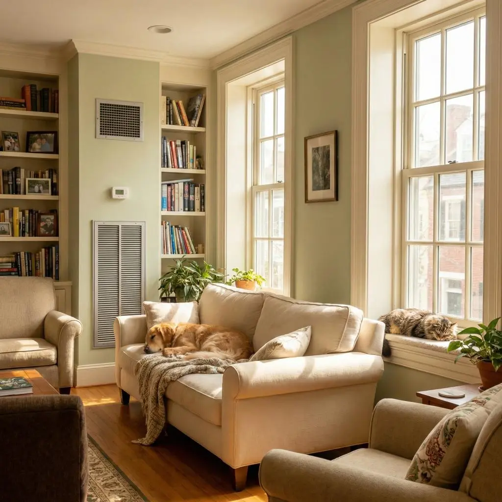 Golden retriever and cat sleeping in a sunlit living room with a visible wall vent, illustrating the importance of clean air for pet owners in Alexandria.
