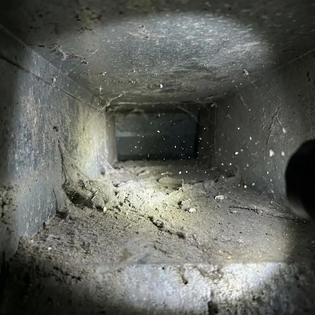 Flashlight revealing cobwebs and floating dust particles inside an HVAC system, preventing the creation of allergy-proof home air ducts.