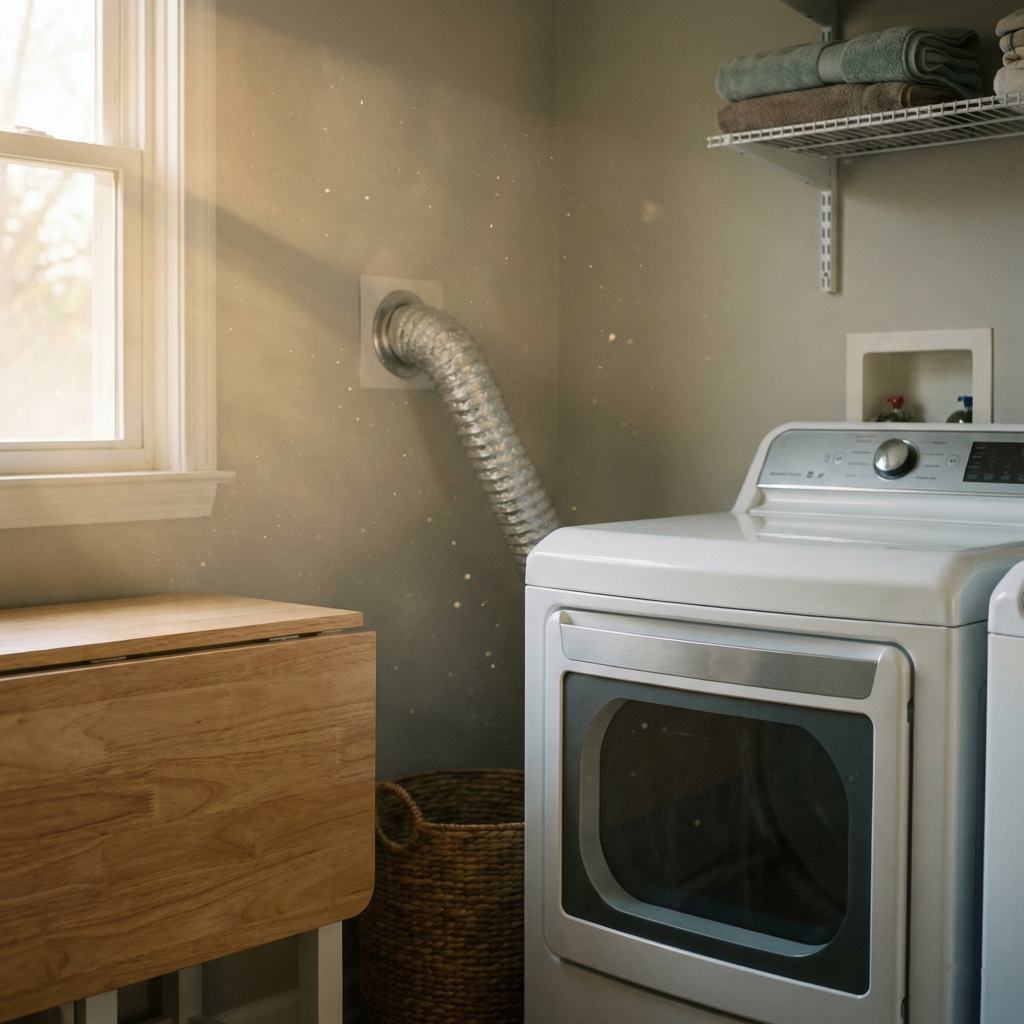 Sunlight revealing airborne dust particles and allergens in dryer vent in Alexandria laundry room.