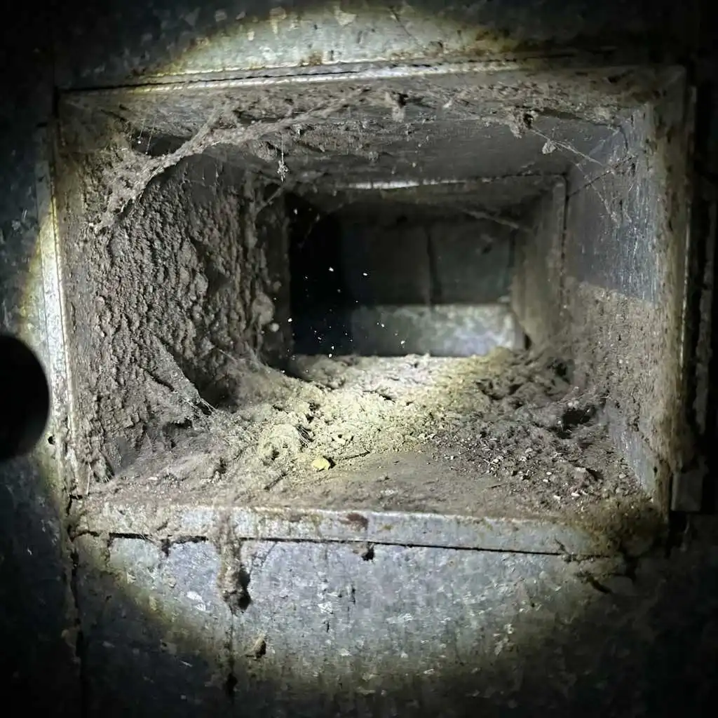 Flashlight revealing thick dust buildup and airborne debris inside an HVAC system, illustrating the link between clogged ducts and sinus problems.