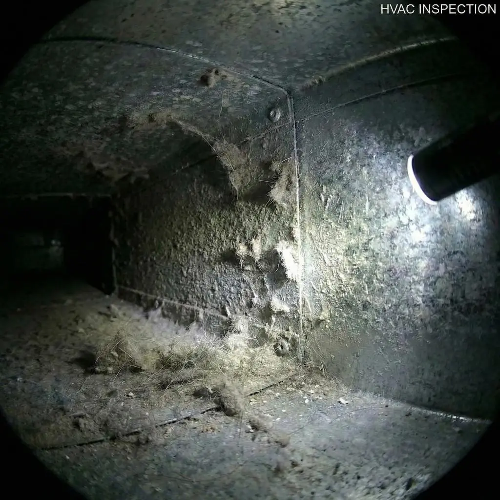 HVAC inspection flashlight revealing pet hair and dust buildup inside a duct, a barrier to clean air for pet owners in Alexandria.