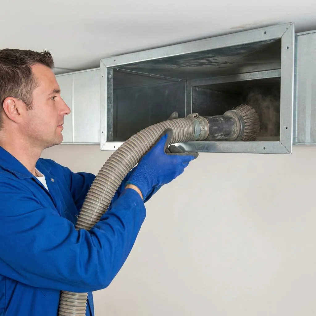 Technician inserting a rotary brush hose into an HVAC system to create allergy-proof home air ducts.
