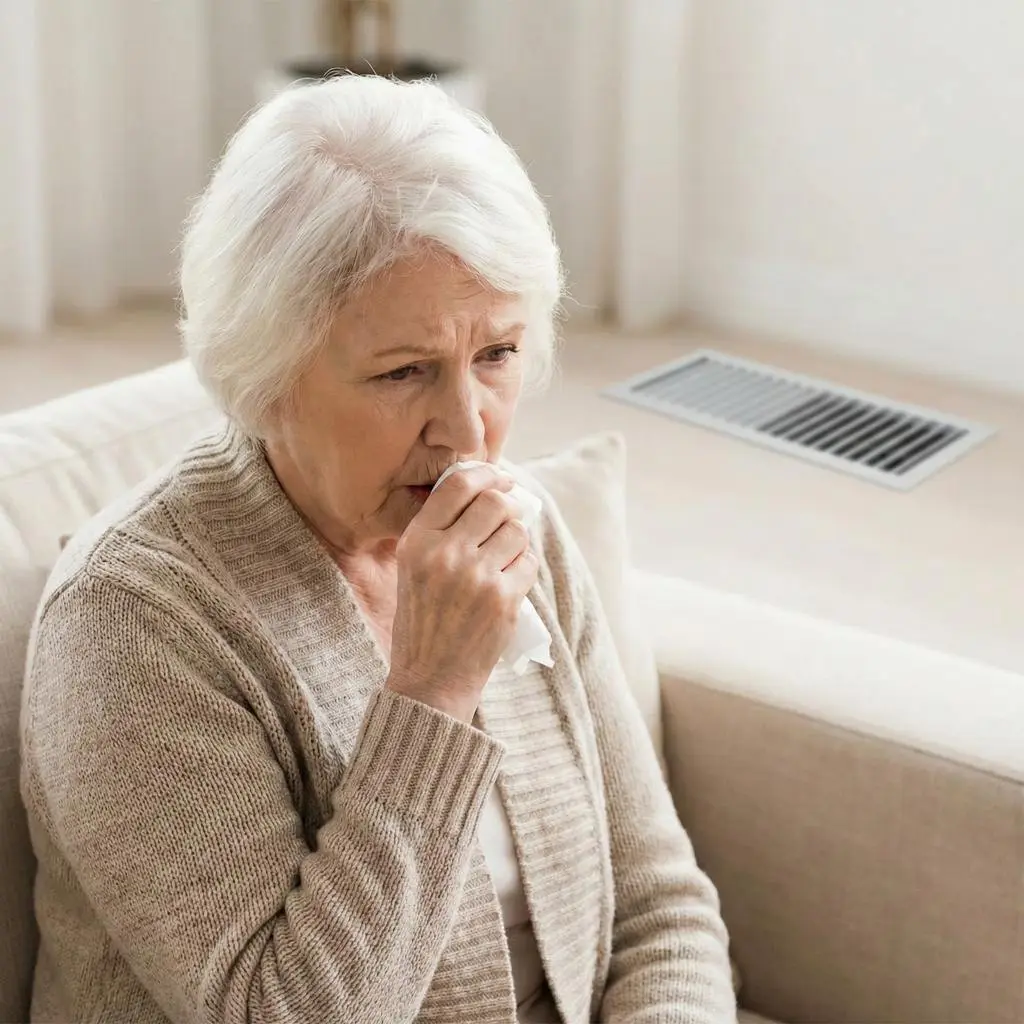 Senior woman coughing into a tissue while sitting near a floor vent, demonstrating the health consequences of seniors and dirty air ducts.