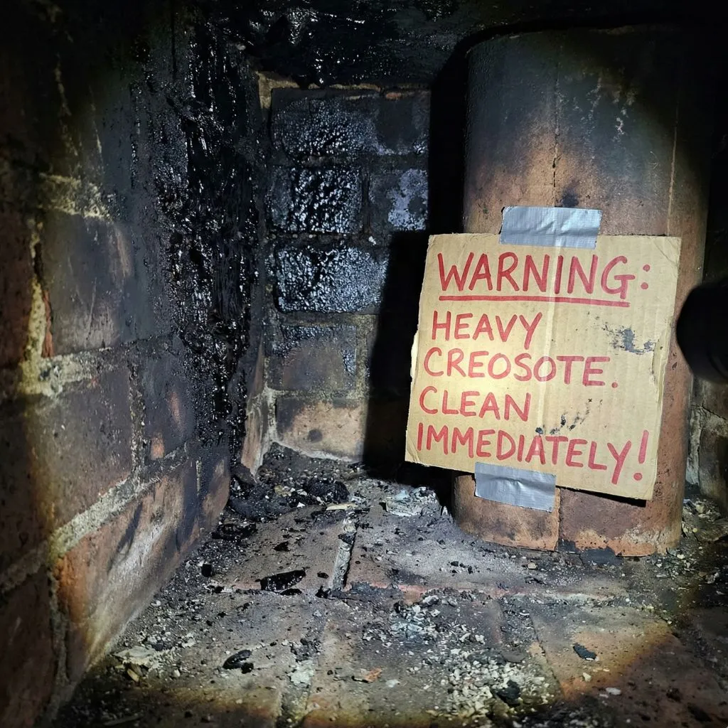 Interior chimney view showing black tar buildup and a warning sign, illustrating dangerous signs you need chimney sweep in Alexandria VA.