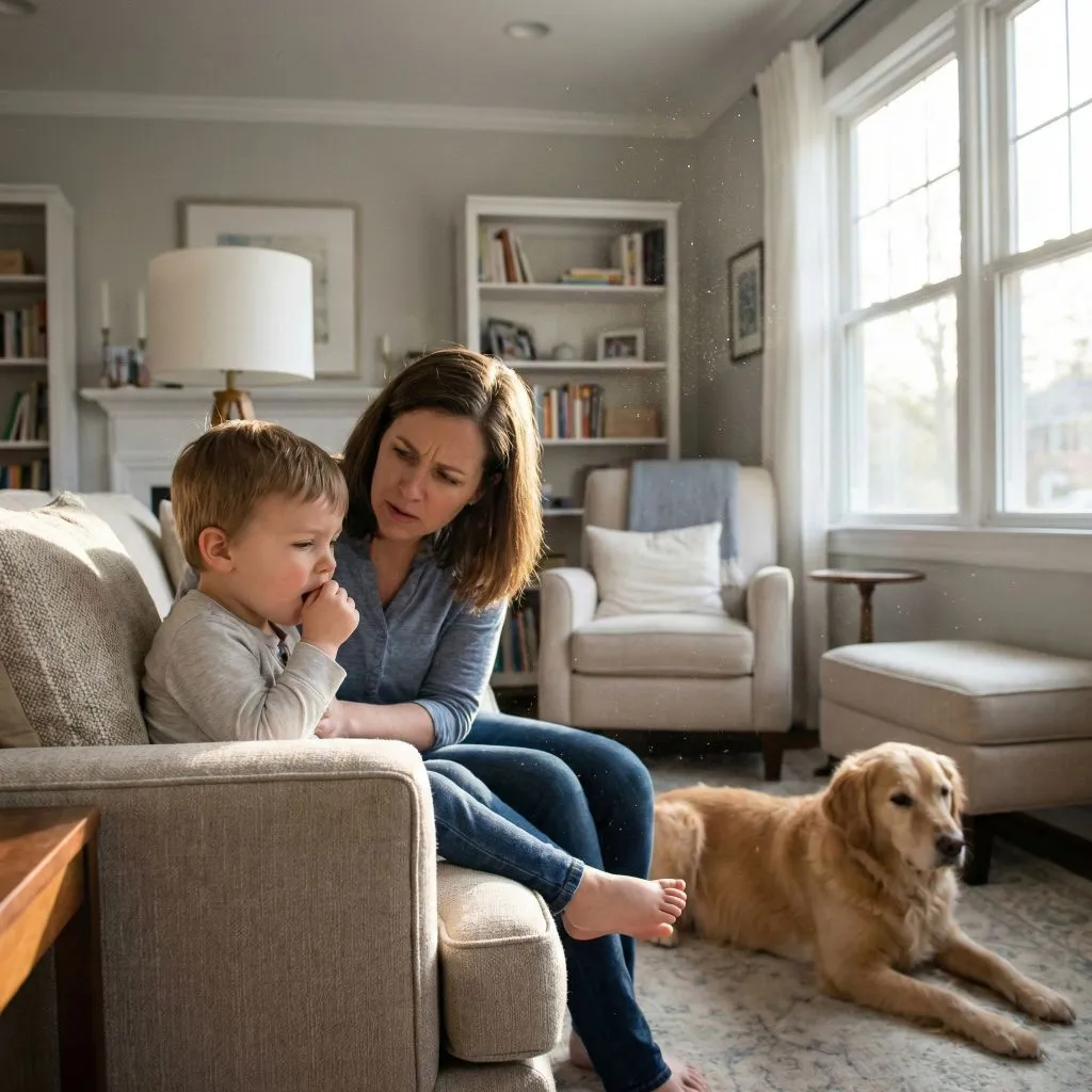 Mother comforting a coughing child in a sunlit room with visible floating dust and a dog, illustrating a common Pet Dander Allergy Threat in Alexandria VA homes.