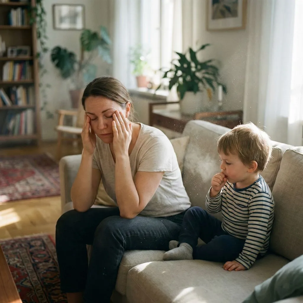 Mother rubbing temples and child coughing in a dusty room, illustrating the physical dryer vent lint health impact on families.