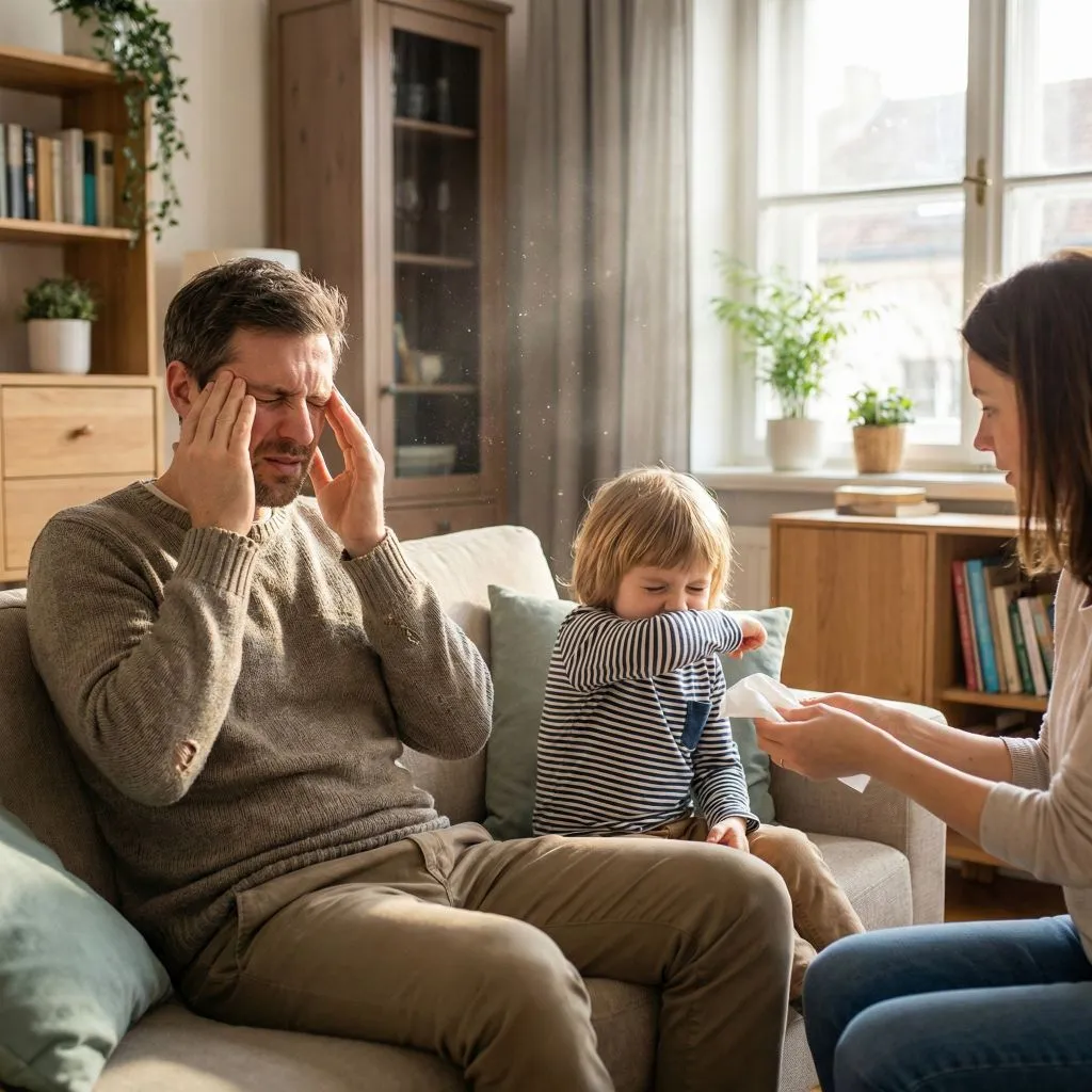 Sunlight streaming into a living room revealing heavy floating dust particles, visually illustrating the health risks of dirty vents in Alexandria.