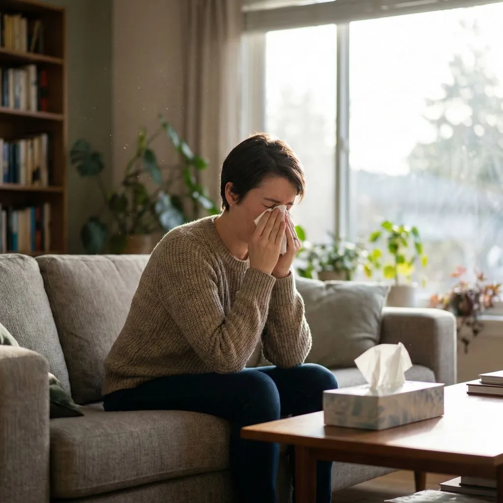 Woman sneezing into a tissue in a sunlit room with visible dust haze, demonstrating common allergy symptoms from air ducts.