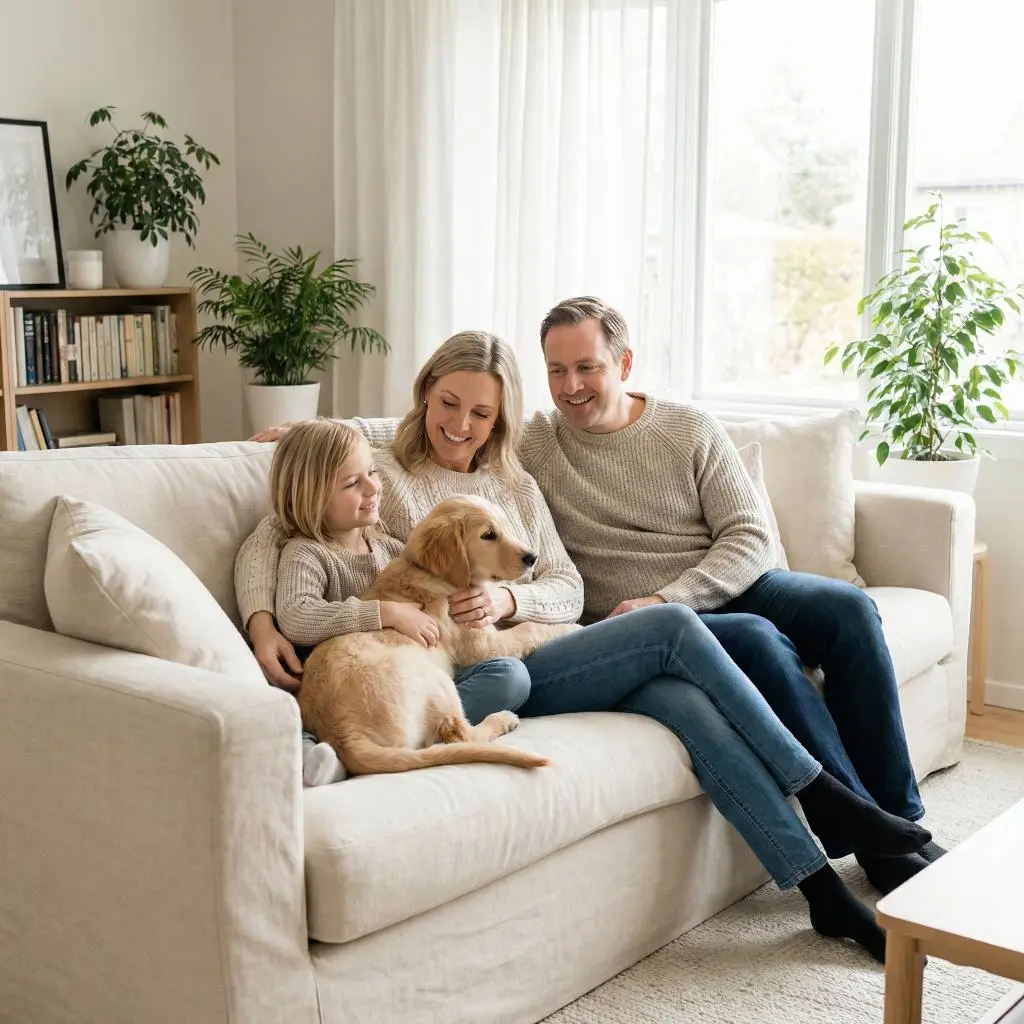 Happy family and golden retriever relaxing in a dust-free living room, demonstrating the benefits of clean air for pet owners in Alexandria.
