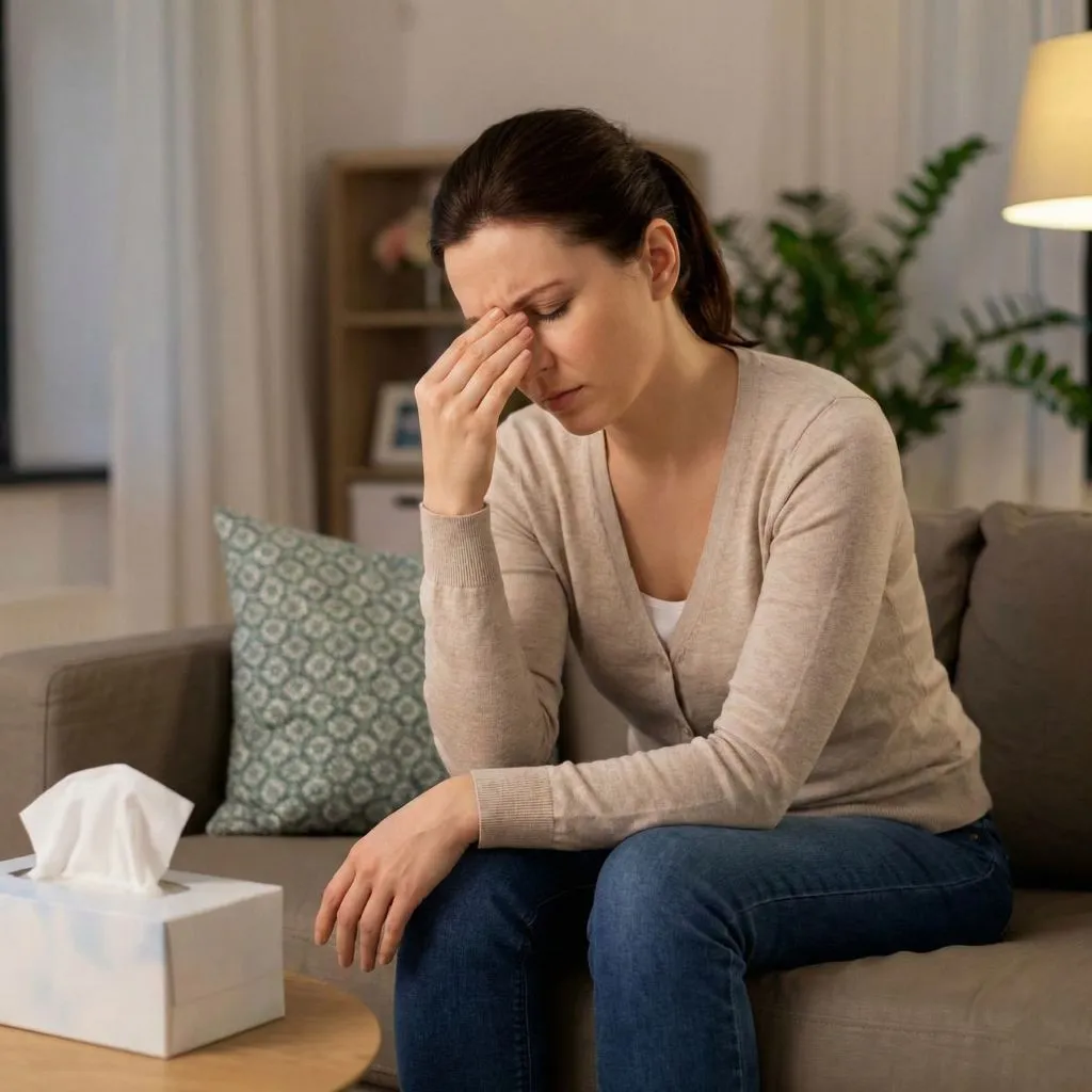 Woman holding her head in pain next to a tissue box, suffering from sinus pressure caused by clogged ducts and sinus problems.