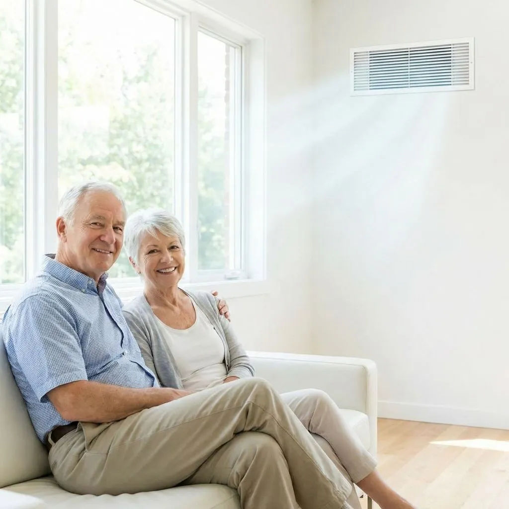 Happy elderly couple relaxing on a sofa with visualized clean airflow, enjoying relief from the health risks of seniors and dirty air ducts.