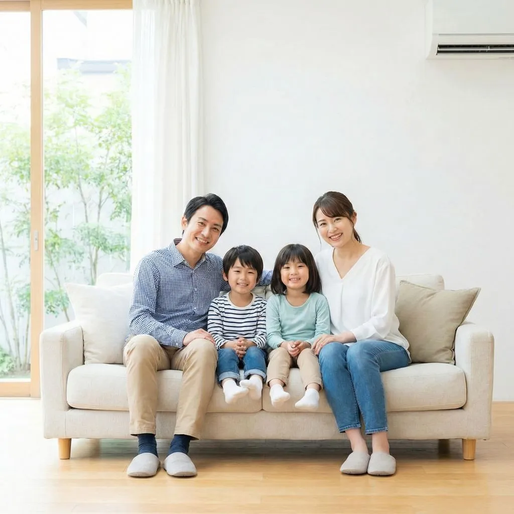 Smiling family of four relaxing in a clean, dust-free living room, demonstrating the benefits of allergy-proof home air ducts.