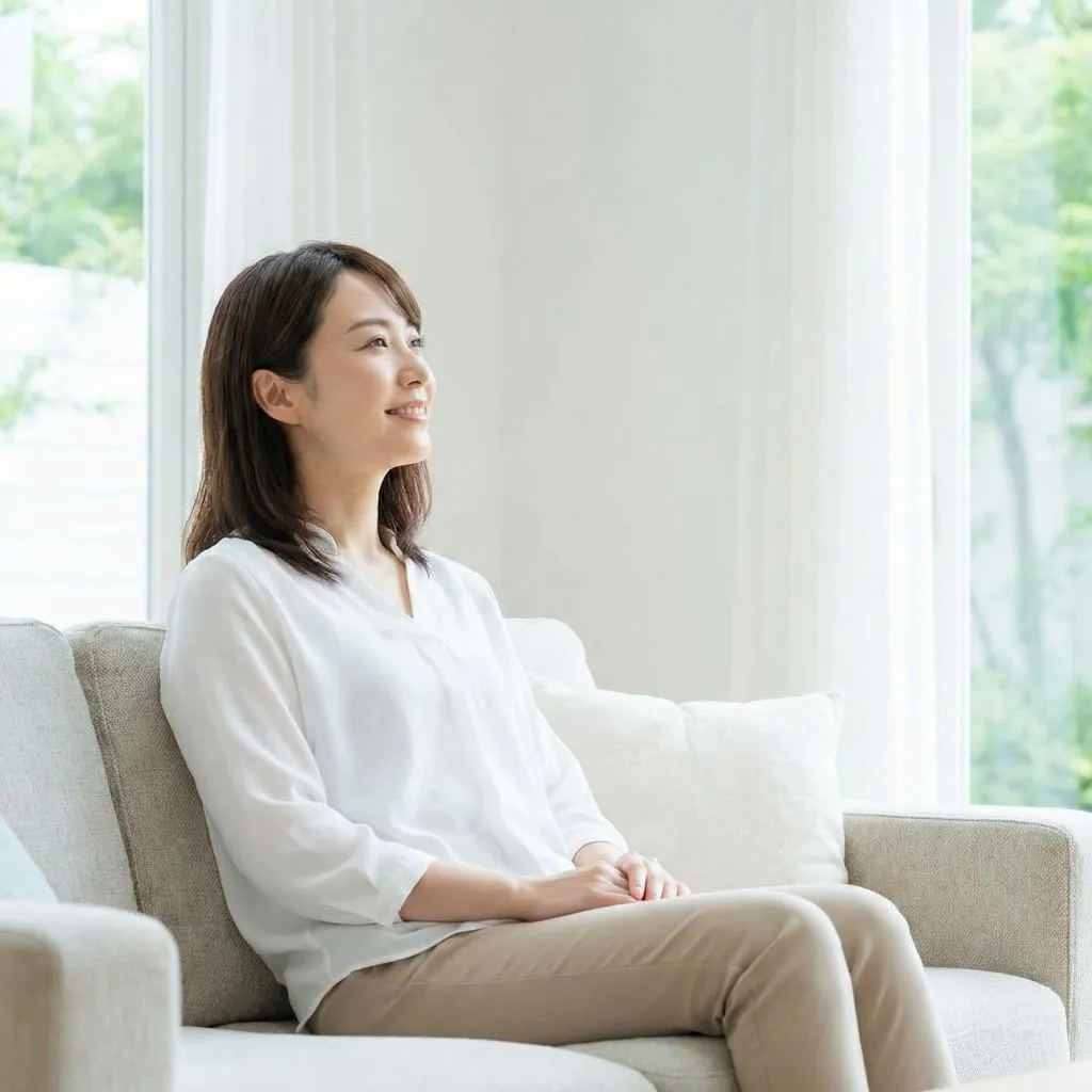 Happy woman breathing easily in a sunlit room, enjoying relief from clogged ducts and sinus problems.