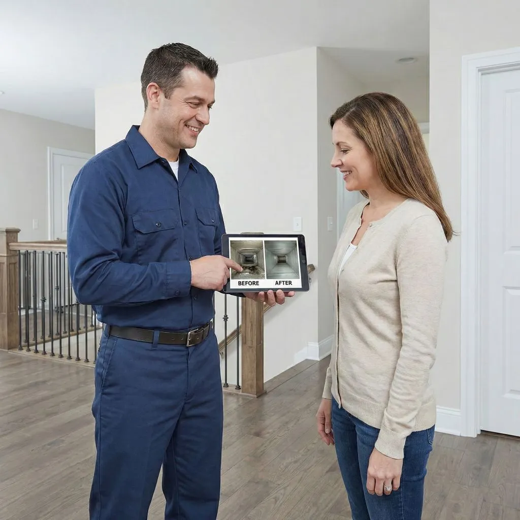Air Duct Vet technician showing a homeowner "before and after" photos on a tablet, demonstrating the successful removal of the Pet Dander Allergy Threat in Alexandria VA.