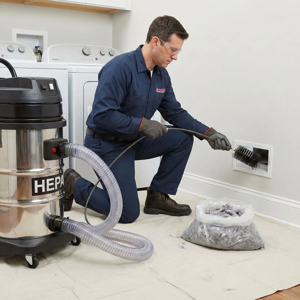 Professional technician removing a large bag of debris using HEPA filtration to eliminate the dryer vent lint health impact.