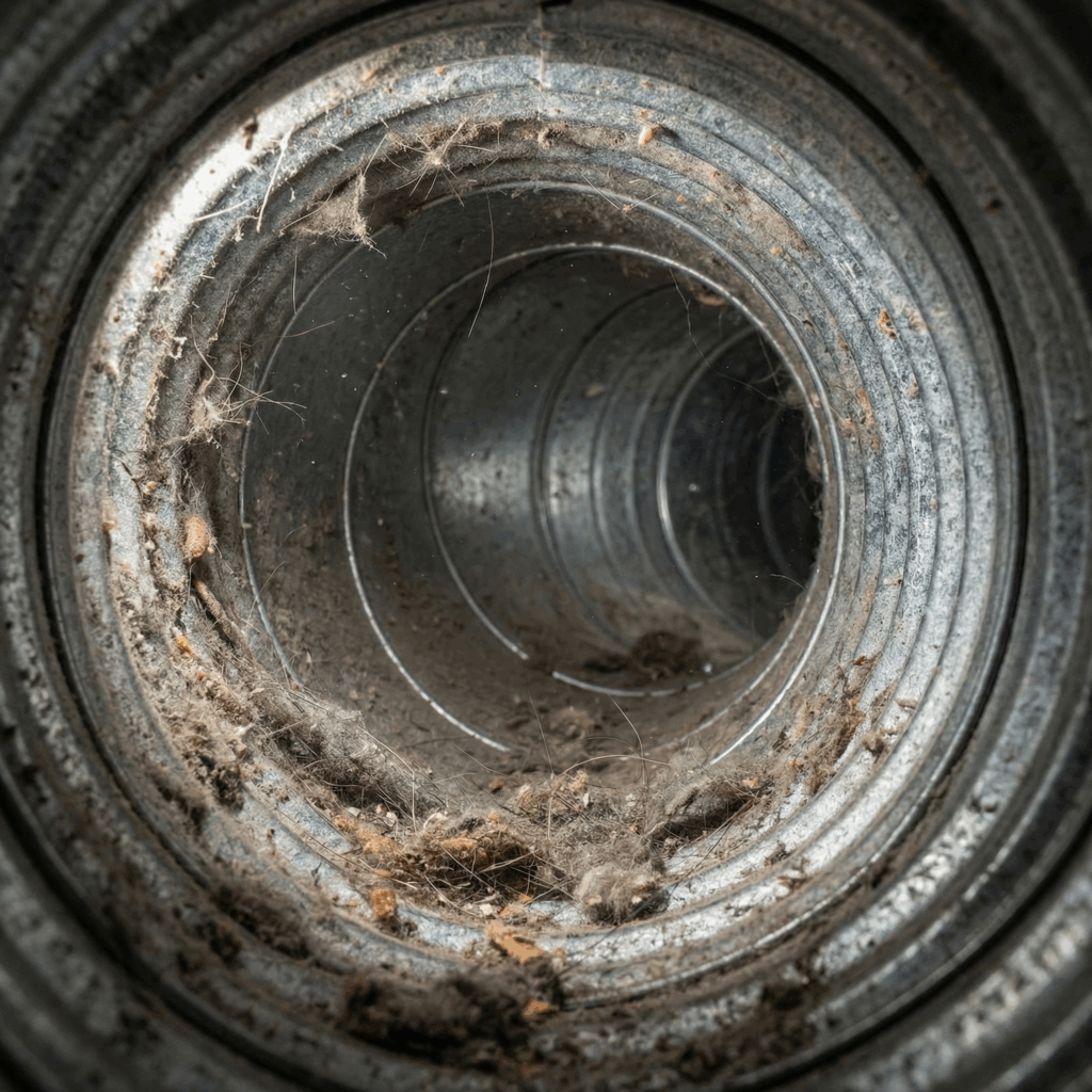Interior view of an air duct filled with hair and debris, the hidden source of the Pet Dander Allergy Threat in Alexandria VA.