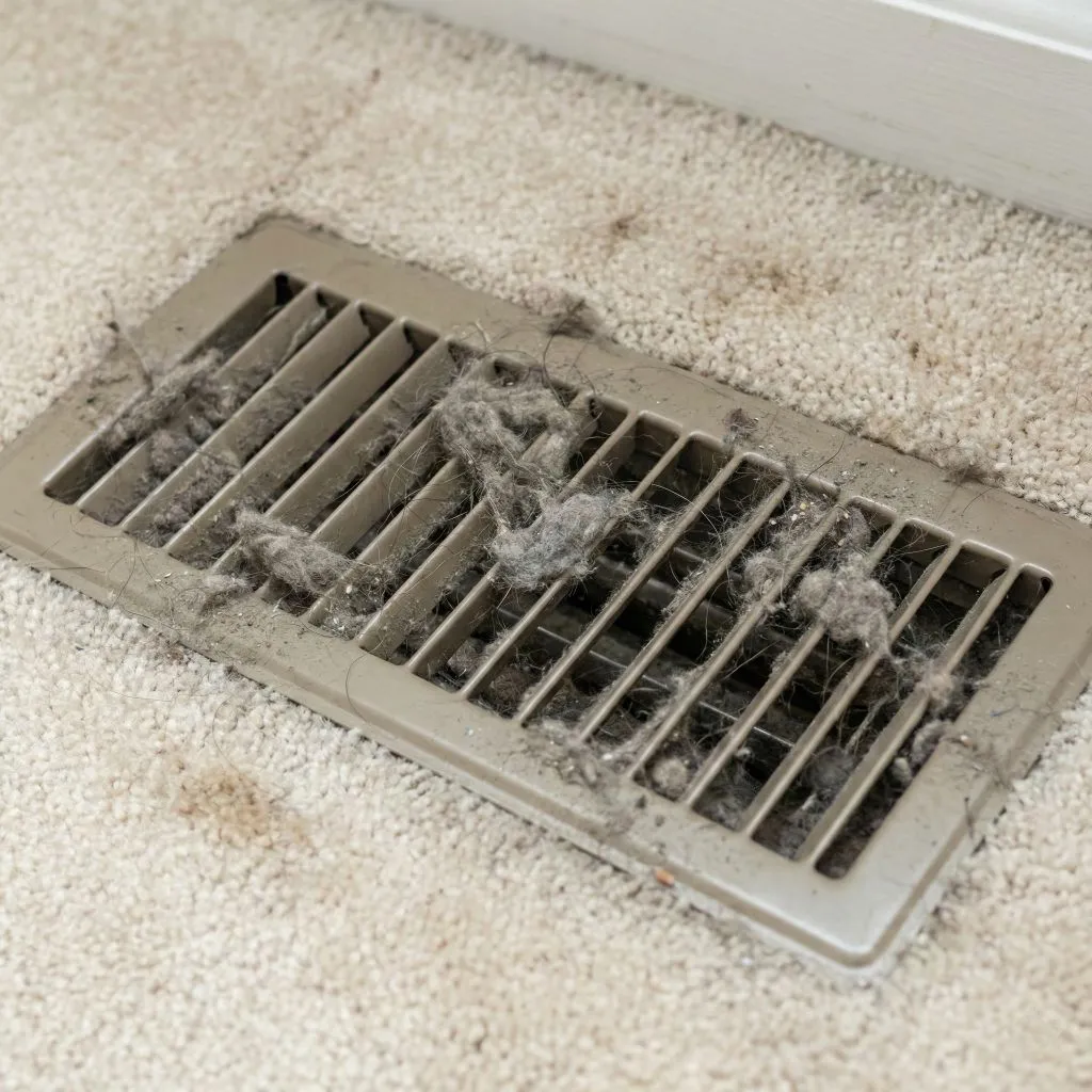Heavily clogged floor vent in a carpeted bedroom filled with dust and hair, demonstrating the need for clean vents and sleep quality improvement.
