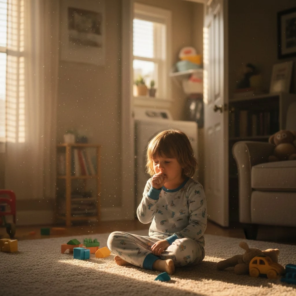 Young child coughing on a carpeted floor surrounded by floating dust particles, illustrating the cause of dryer lint breathing issues in children.