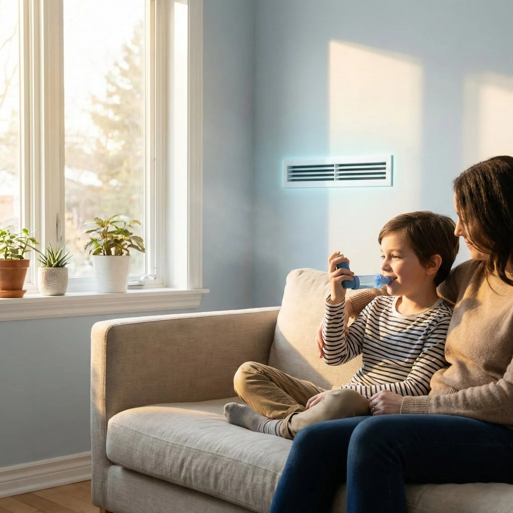 Young boy using a blue asthma inhaler spacer on a sofa with his mother, illustrating the importance of asthma and air duct cleaning.
