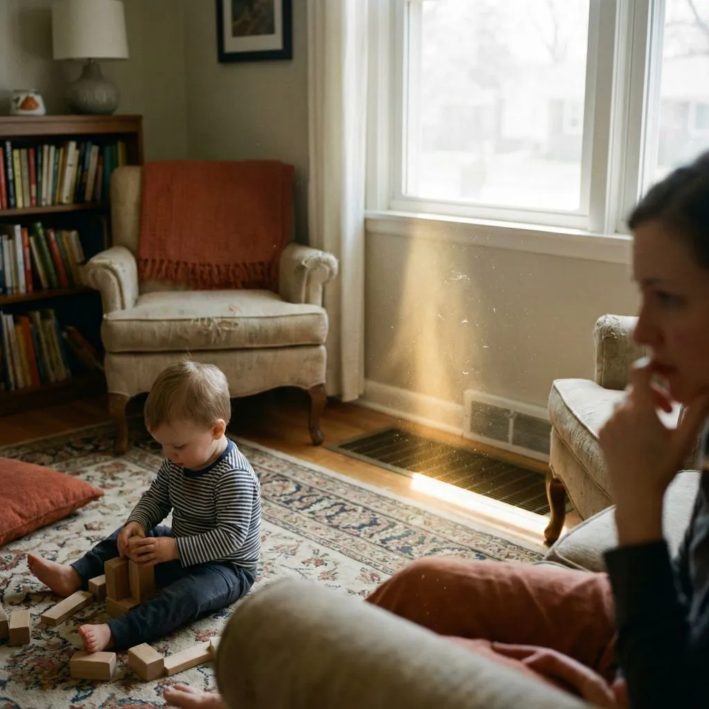 Beam of sunlight illuminating floating particles near a toddler playing on the floor, highlighting the invisible mold dust lint health threat.