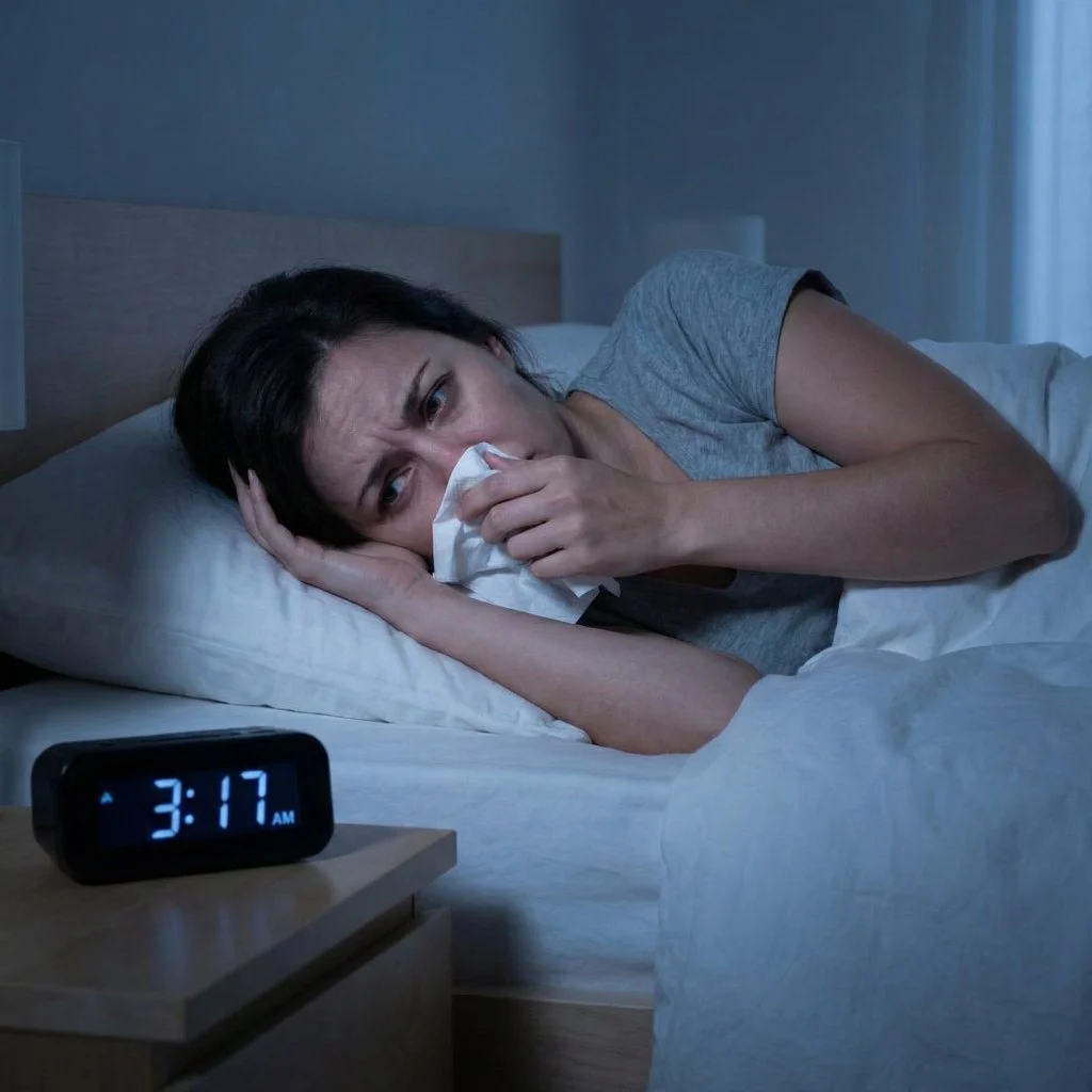 Woman suffering from congestion and insomnia at 3:17 AM, illustrating the need for clean vents and sleep quality.