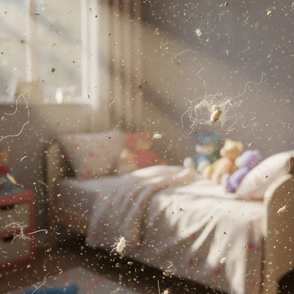 Microscopic view of floating lint fibers and dust particles suspended in a child's bedroom, illustrating the microscopic triggers of dryer lint breathing issues in children.