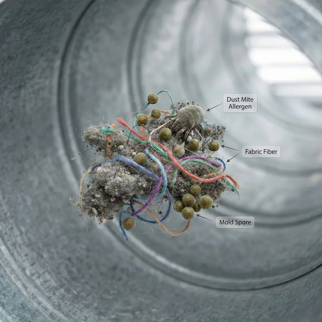 Microscopic diagram inside a metal duct showing a dust clump labeled with dust mites, fabric fibers, and mold spores, illustrating the mold dust lint health threat.