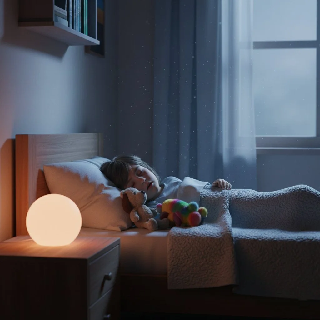 Child sleeping in a dimly lit room with visible suspended dust particles, illustrating the cause of dryer lint breathing issues in children.