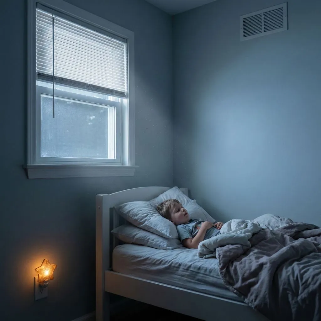 Young boy sleeping soundly in a clean bedroom with a star nightlight, demonstrating the benefits of asthma and air duct cleaning.