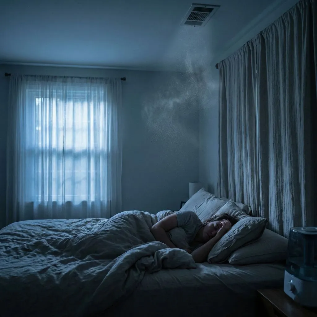 Woman sleeping restlessly in a dark room with visible dust particles falling from the ceiling vent, illustrating the ongoing mold dust lint health threat.