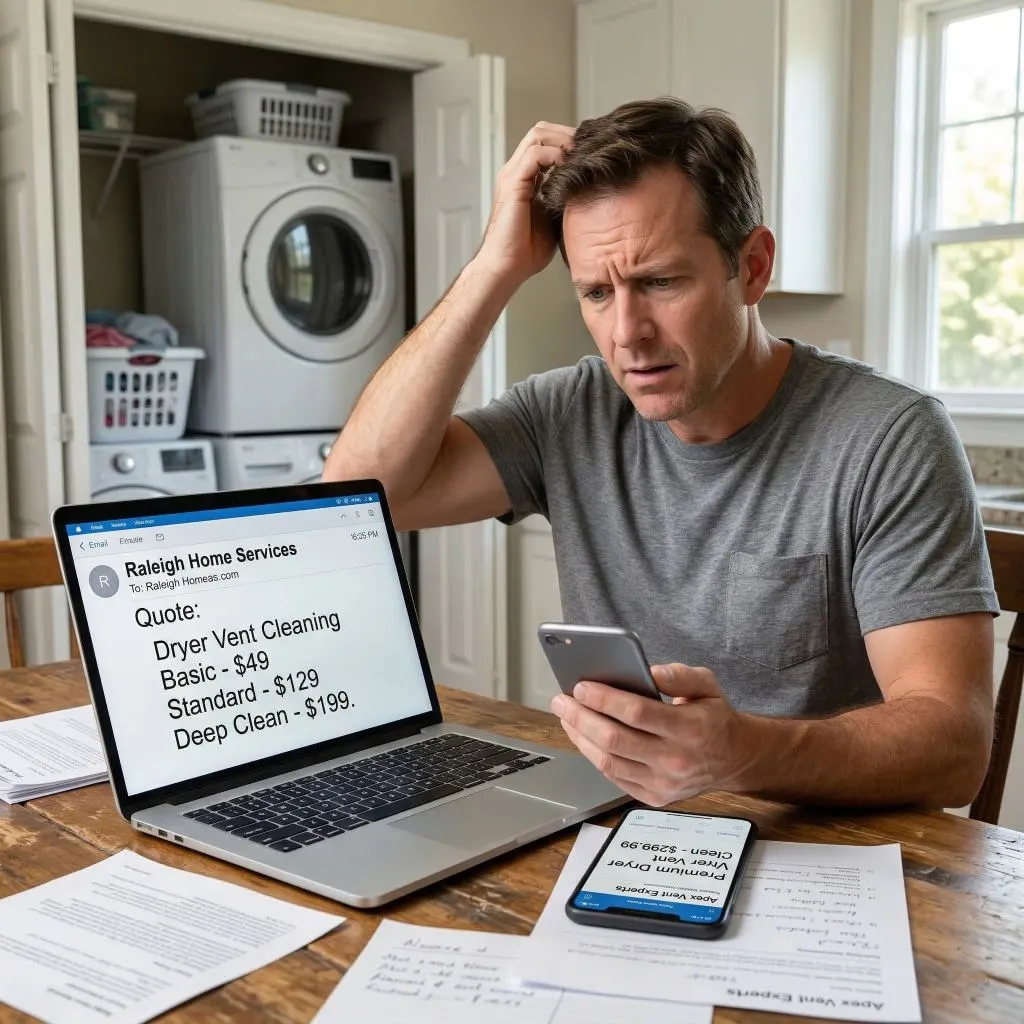 Stressed man looking at a laptop displaying confusing pricing tiers, trying to determine the true dryer vent cleaning cost Raleigh NC.