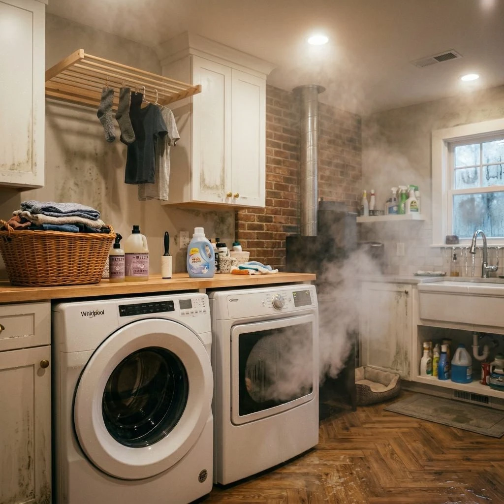 Laundry room filling with thick smoke from an overheating white dryer, illustrating severe clogged dryer vent dangers Raleigh NC.