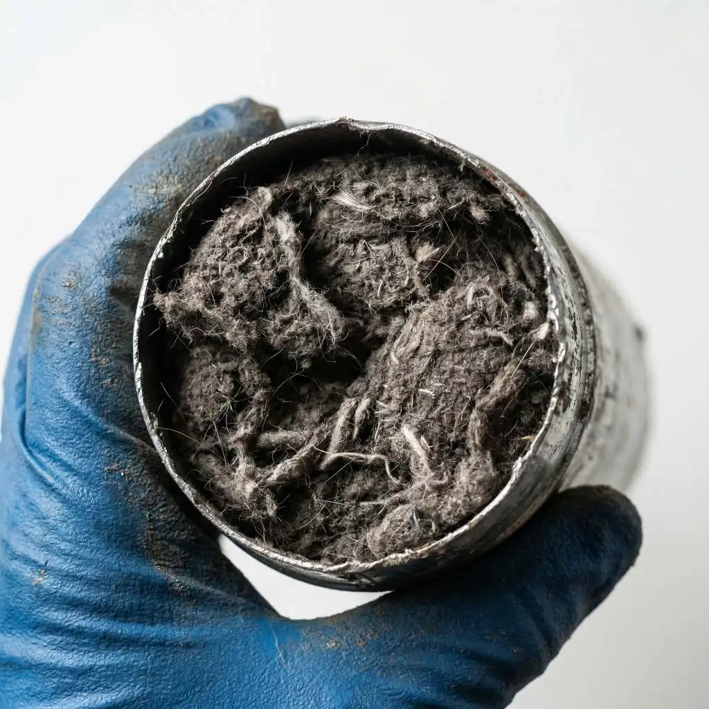 Gloved hand holding a metal duct completely blocked by a solid mass of compacted lint and hair, illustrating the value behind the dryer vent cleaning cost Raleigh NC.