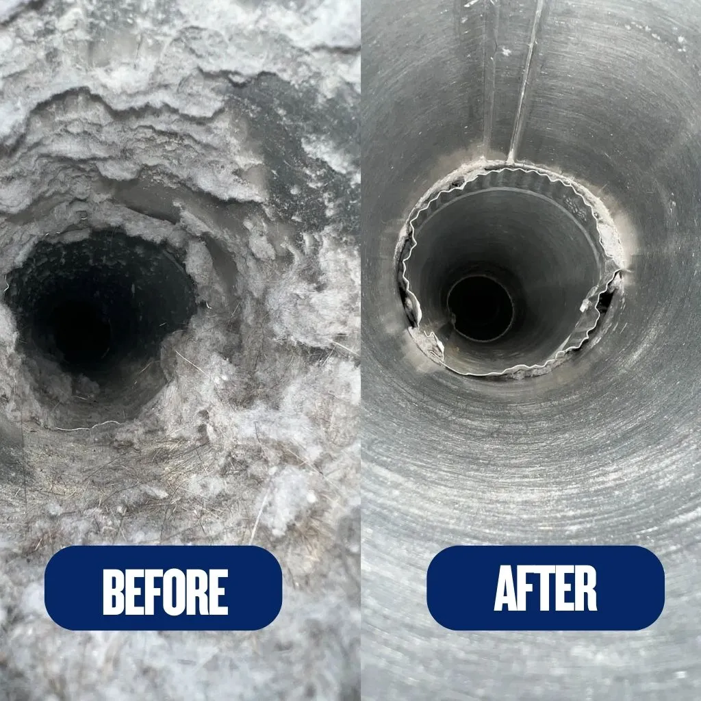 Side-by-side before and after comparison of a circular metal duct cleared of a severe lint clog, demonstrating the results of professional dryer vent cleaning in Raleigh NC.