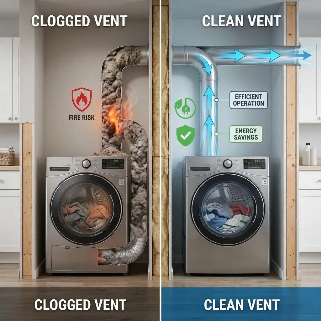 Infographic comparing a clogged vent with a fire risk to a clean vent with energy savings, illustrating the long-term value of the dryer vent cleaning cost Raleigh NC.