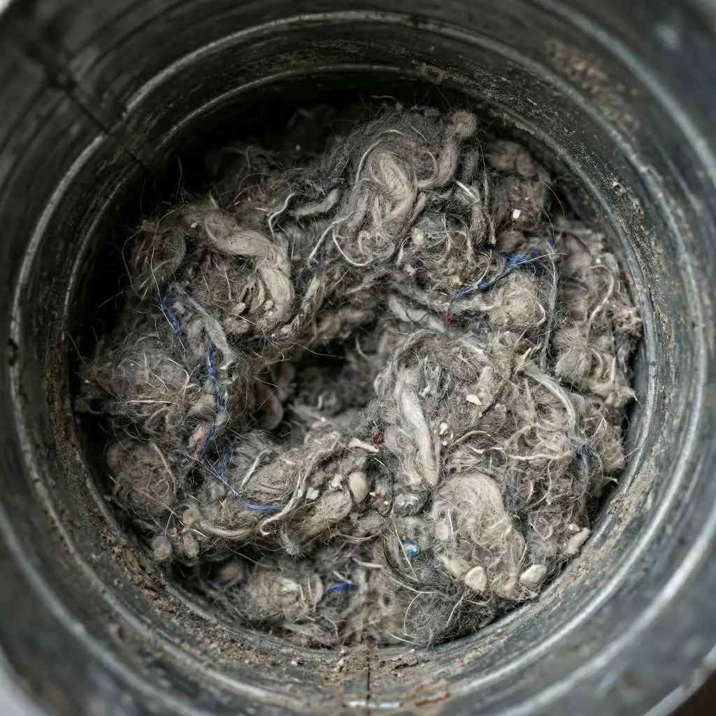 Close-up view inside a metal exhaust pipe heavily blocked by dense gray lint and debris, showcasing severe clogged dryer vent dangers Raleigh NC