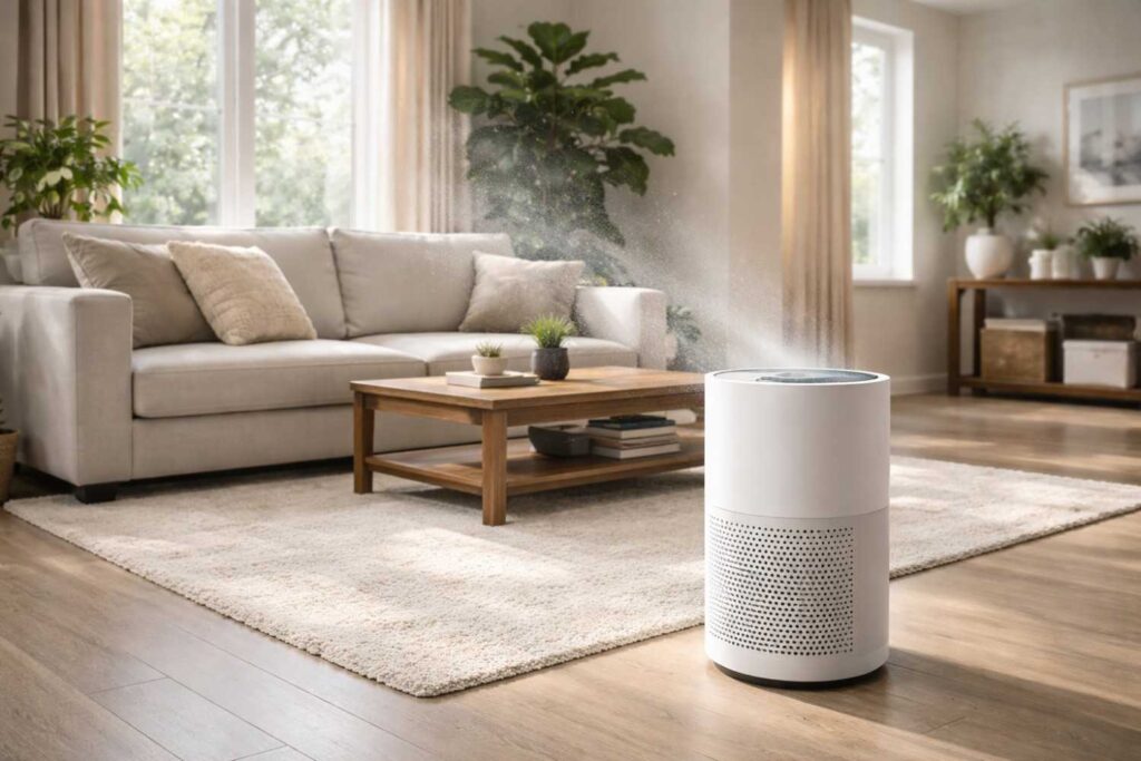 Air purifier removing dust particles in a modern living room environment.