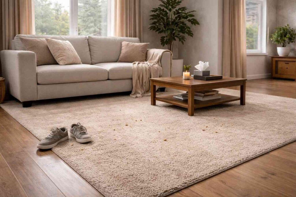 Living room with carpet and sofa causing unpleasant foot-like odor in home.