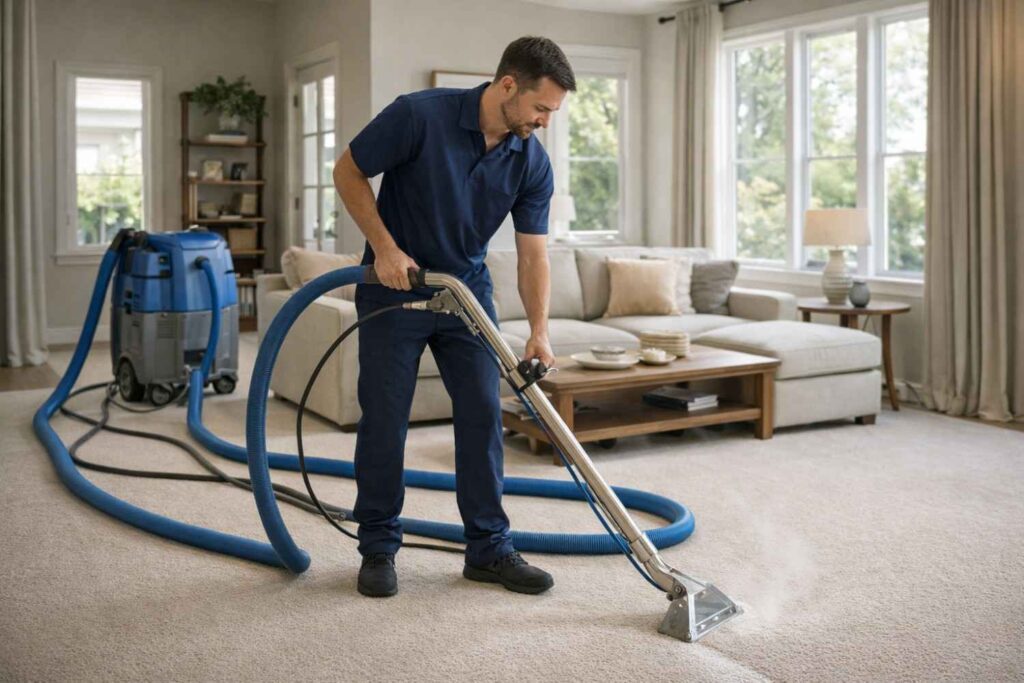 Technician using steam cleaner on carpet in a residential home cleaning service.